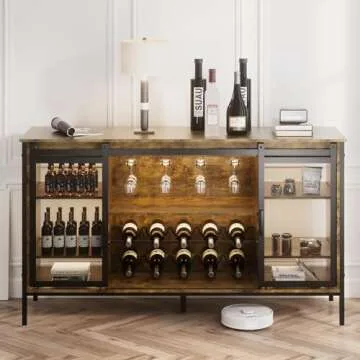 QNICE LED Industrial Wine Bar Cabinet for Liquor and Glasses/Sliding Barn Door Coffee Bar Cabinet with Light/Farmhouse Sideboard Buffet Storage Cabinet with Wine Rack (Rustic Brown)