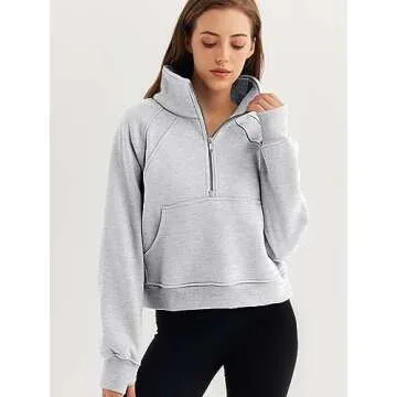 WYNNQUE Womens Quarter Zipper Pullover Oversized Sweatshirts Cropped Fleece Half Zip Hoodies Fall Clothes Sweaters Thumb Hole Grey XL