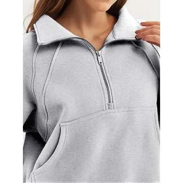 WYNNQUE Womens Quarter Zipper Pullover Oversized Sweatshirts Cropped Fleece Half Zip Hoodies Fall Clothes Sweaters Thumb Hole Grey XL