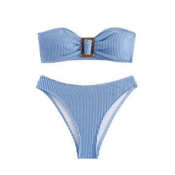 GORGLITTER Women's Striped Bandeau High Waisted Thong Bikini Set