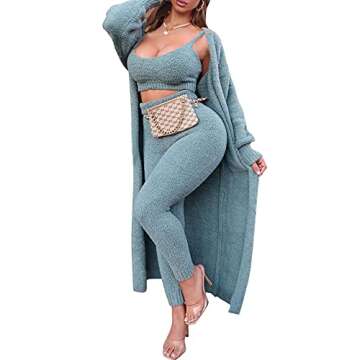Fixmatti Women Fleece 3pcs Fuzzy Loungewear Spaghetti Strap Crop Top Leggings Cozy Sweatsuit Set Turquoise M