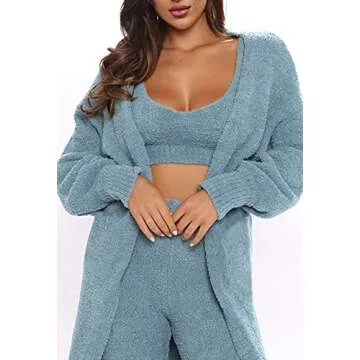 Fixmatti Women Fleece 3pcs Fuzzy Loungewear Spaghetti Strap Crop Top Leggings Cozy Sweatsuit Set Turquoise M