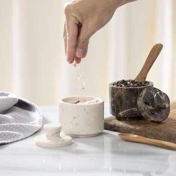 Beige Marble Salt Cellar with Lid (3.5oz) - Scratch-resistant & Easy-to-Clean Salt Containers for Countertop - Elegant & Versatile Marble Jar to Store Salt, Sugar & Dry Spices - Compact Salt Dispenser