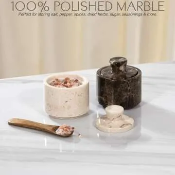 Beige Marble Salt Cellar with Lid (3.5oz) - Scratch-resistant & Easy-to-Clean Salt Containers for Countertop - Elegant & Versatile Marble Jar to Store Salt, Sugar & Dry Spices - Compact Salt Dispenser