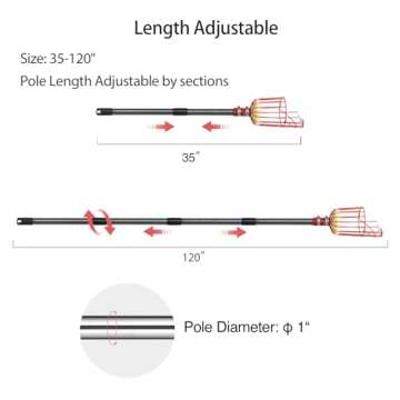 DonSail Fruit Picker Pole Tool with Basket Telescoping - Adjustable Mango Picker 35-120 inch Long Handle - Apple Orange Avocado Acorn Lemon Pear Pomelo Chery Picker for Tree