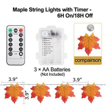 50 LED 16.4Ft Thanksgiving Decorations Fall Garland String Lights with Timer and Remote, Lighted Autumn Leaves Garlands Decor, Battery Operated Fall Lights for Home Decoration Party Indoor Mantle