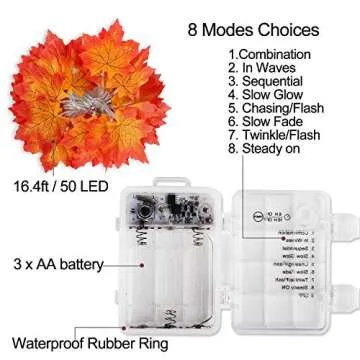 50 LED 16.4Ft Thanksgiving Decorations Fall Garland String Lights with Timer and Remote, Lighted Autumn Leaves Garlands Decor, Battery Operated Fall Lights for Home Decoration Party Indoor Mantle