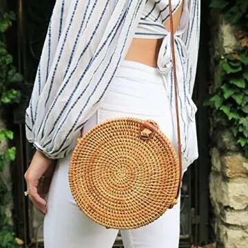 Round Rattan Bali Bag - Circle Purse with Snap Clasp