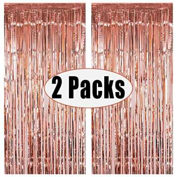 FECEDY 2pcs 3ft x 8.3ft Rose Gold Metallic Tinsel Foil Fringe Curtains Photo Booth Props for Birthda...