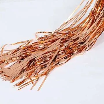 FECEDY 2pcs 3ft x 8.3ft Rose Gold Metallic Tinsel Foil Fringe Curtains Photo Booth Props for Birthday Wedding Engagement Bridal Shower Baby Shower Bachelorette Holiday Celebration Party Decorations
