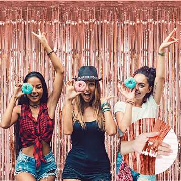 FECEDY 2pcs 3ft x 8.3ft Rose Gold Metallic Tinsel Foil Fringe Curtains Photo Booth Props for Birthday Wedding Engagement Bridal Shower Baby Shower Bachelorette Holiday Celebration Party Decorations
