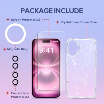 Glitter iPhone 16 Case with Screen & Camera Protectors