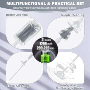 IvyWind Electric Travel Baby Bottle Brush Set with Storage Box, Automatic Bottle Cleaner Brush Kit with Silicone Bottle/Nipple/Straw Brush, Milk Frother Electric and Drainage Rack, Rechargeable, Gray