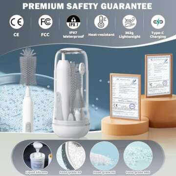 IvyWind Electric Travel Baby Bottle Brush Set with Storage Box, Automatic Bottle Cleaner Brush Kit with Silicone Bottle/Nipple/Straw Brush, Milk Frother Electric and Drainage Rack, Rechargeable, Gray