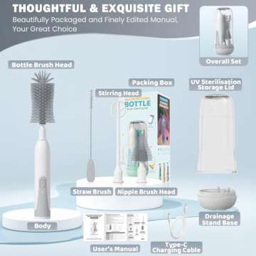 IvyWind Electric Travel Baby Bottle Brush Set with Storage Box, Automatic Bottle Cleaner Brush Kit with Silicone Bottle/Nipple/Straw Brush, Milk Frother Electric and Drainage Rack, Rechargeable, Gray