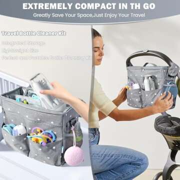 IvyWind Electric Travel Baby Bottle Brush Set with Storage Box, Automatic Bottle Cleaner Brush Kit with Silicone Bottle/Nipple/Straw Brush, Milk Frother Electric and Drainage Rack, Rechargeable, Gray