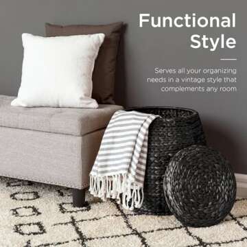 Best Choice Products Vintage Multipurpose Hyacinth Storage Basket, Plant Décor, Handwoven Organizer Tote for Bedroom, Living Room, Bathroom, w/Lid - Black