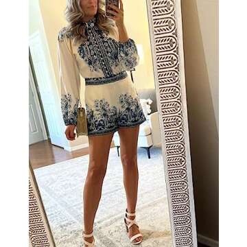Gihuo Womens Boho Print Long Sleeve Top High Waist Shorts Sets 2 Piece Outfits Tropical Romper Summer Matching Set(Blue-S)