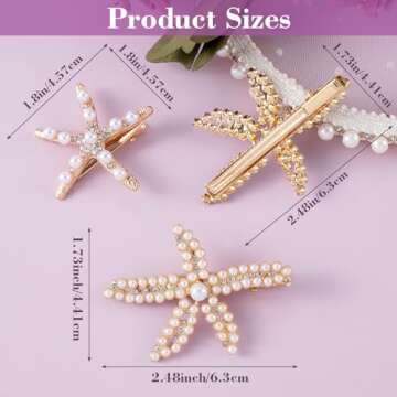 PAGOW 3 PCS Starfish Hair Clips, Gold Rhinestone Pearls Crystal Hair Clips, Sea Star Ponytail Holder...