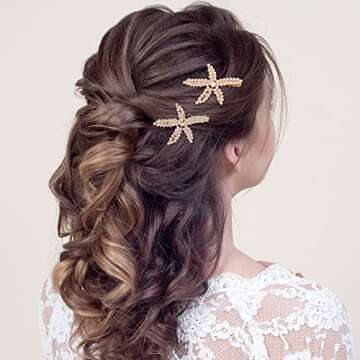 PAGOW 3 PCS Starfish Hair Clips, Gold Rhinestone Pearls Crystal Hair Clips, Sea Star Ponytail Holder, Faux Pearl Crystal Wedding Headpiece Hair Accessories For Women, Girls, Bride(1.73 x 2.48 Inch)