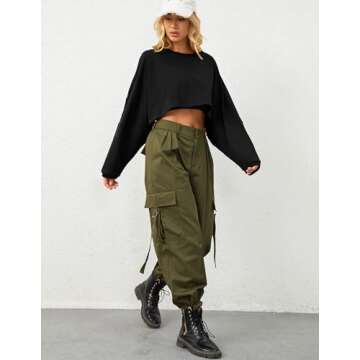 Ziesexy Cropped Sweatshirt Long Sleeve Crop Top Workout Oversized Sweatshirt Loose Crop Tops For Women Crewneck Sweatshirt Black