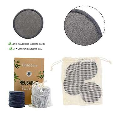 Chloven 25 Pack Charcoal Bamboo Reusable Makeup Remover Pads - Bamboo Reusable Cotton Rounds for Toner, Washable Eco-Friendly Pads for All Skin Types with Cotton Laundry Bag