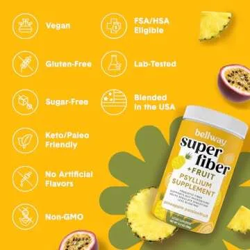 Bellway Super Fiber Powder + Fruit, Sugar Free Organic Psyllium Husk Powder Fiber Supplement for Regularity, Bloating Relief & Gut Health, Non-GMO, Plant-Based, Pineapple Passion Fruit (50 Servings)