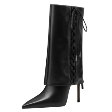 XYD Women's Chic Stiletto Heel Mid Calf Boots Foldover Side Lace-Up Pointed Toe Booties Back Zip Fas...