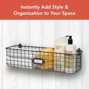 Spectrum Wall Mount Wire Basket for Organizing with Label Plate, Vintage Living - Steel Metal Basket Storage Organizer Bin - Open Storage Baskets for Kitchen Pantry, Cabinets, & Closet Shelves