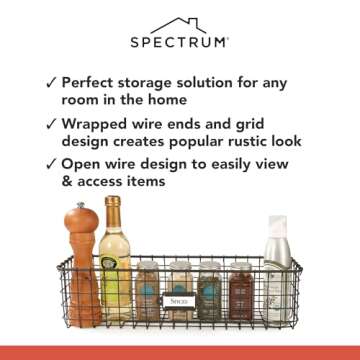 Spectrum Wall Mount Wire Basket for Organizing with Label Plate, Vintage Living - Steel Metal Basket Storage Organizer Bin - Open Storage Baskets for Kitchen Pantry, Cabinets, & Closet Shelves