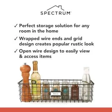 Spectrum Wall Mount Wire Basket for Organizing with Label Plate, Vintage Living - Steel Metal Basket Storage Organizer Bin - Open Storage Baskets for Kitchen Pantry, Cabinets, & Closet Shelves