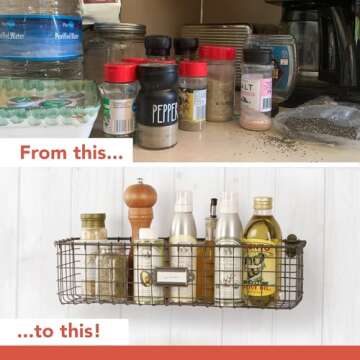 Spectrum Wall Mount Wire Basket for Organizing with Label Plate, Vintage Living - Steel Metal Basket Storage Organizer Bin - Open Storage Baskets for Kitchen Pantry, Cabinets, & Closet Shelves