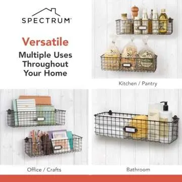 Spectrum Wall Mount Wire Basket for Organizing with Label Plate, Vintage Living - Steel Metal Basket Storage Organizer Bin - Open Storage Baskets for Kitchen Pantry, Cabinets, & Closet Shelves