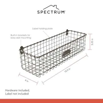 Spectrum Wall Mount Wire Basket for Organizing with Label Plate, Vintage Living - Steel Metal Basket Storage Organizer Bin - Open Storage Baskets for Kitchen Pantry, Cabinets, & Closet Shelves