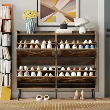 Maupvit Large Shoe Cabinet with 4 Flip Drawers, Freestanding Shoe Organizer with Metal Drawer Bracket for Entryway, Narrow Shoe Rack Cabinet, 5 Sturdy Legs, Rustic Brown