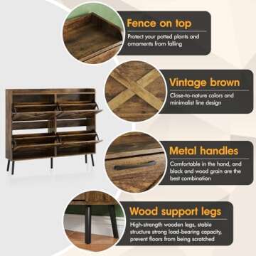Maupvit Large Shoe Cabinet with 4 Flip Drawers, Freestanding Shoe Organizer with Metal Drawer Bracket for Entryway, Narrow Shoe Rack Cabinet, 5 Sturdy Legs, Rustic Brown