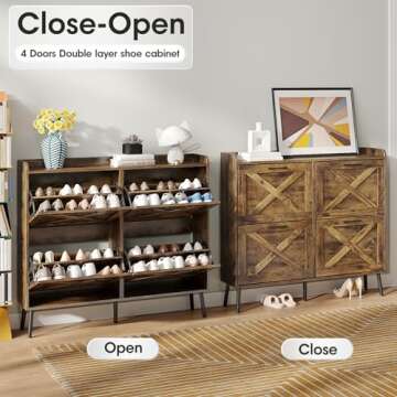 Maupvit Large Shoe Cabinet with 4 Flip Drawers, Freestanding Shoe Organizer with Metal Drawer Bracket for Entryway, Narrow Shoe Rack Cabinet, 5 Sturdy Legs, Rustic Brown