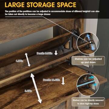 Maupvit Large Shoe Cabinet with 4 Flip Drawers, Freestanding Shoe Organizer with Metal Drawer Bracket for Entryway, Narrow Shoe Rack Cabinet, 5 Sturdy Legs, Rustic Brown