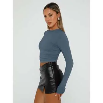 AUTOMET Womens Long Sleeve Shirt Basic Crop Tops Fall Fashion Underscrubs Layer Slim Fit Winter Clothes Black White Haze Blue L