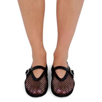 VOLEECE Women's Mesh Ballet Flats Buckle Strap Comfortable Ballerina Shoes Ladies Clear Fishnet Wide Width Flats for Women Slip-on Casual Dress Mary Jane Flats Fall 2023