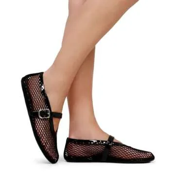 VOLEECE Women's Mesh Ballet Flats Buckle Strap Comfortable Ballerina Shoes Ladies Clear Fishnet Wide Width Flats for Women Slip-on Casual Dress Mary Jane Flats Fall 2023