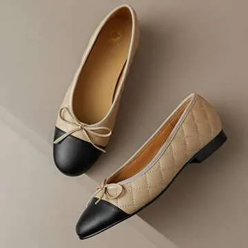 SHODENSE Women Cap Toe Bow Flats Two Tone Slip On Ballet Flats Quilted Comfort Closed Round Toe Flats Colorblock 1" Low Flat Heel Dress Shoes Cute Ladies Casual Driver Flats Quilted Beige 6 M US