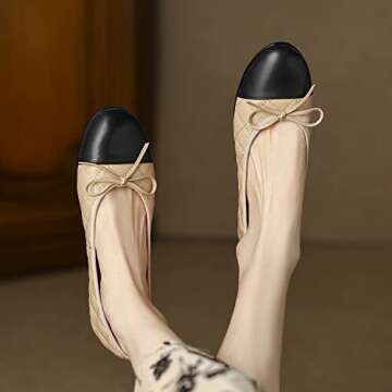 SHODENSE Women Cap Toe Bow Flats Two Tone Slip On Ballet Flats Quilted Comfort Closed Round Toe Flats Colorblock 1" Low Flat Heel Dress Shoes Cute Ladies Casual Driver Flats Quilted Beige 6 M US