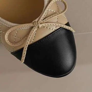 SHODENSE Women Cap Toe Bow Flats Two Tone Slip On Ballet Flats Quilted Comfort Closed Round Toe Flats Colorblock 1" Low Flat Heel Dress Shoes Cute Ladies Casual Driver Flats Quilted Beige 6 M US