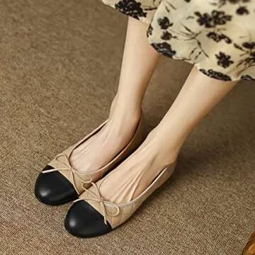 SHODENSE Women Cap Toe Bow Flats Two Tone Slip On Ballet Flats Quilted Comfort Closed Round Toe Flats Colorblock 1" Low Flat Heel Dress Shoes Cute Ladies Casual Driver Flats Quilted Beige 6 M US