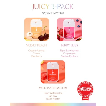 Touchland Power Mist Hydrating Hand Sanitizer Spray, JUICY 3-Pack (Watermelon, Peach, Berry), 500-Sprays each, 1Fl Oz Travel Size (Set of 3)