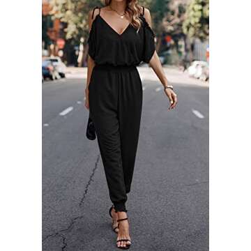 PRETTYGARDEN Jumpsuit for Women Casual Wrap V Neck Cold Shoulder One Piece Outfits Pants Romper
