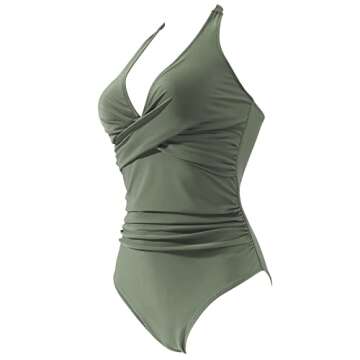 RXRXCOCO Women Deep V Neck One Piece Swimsuits Criss Cross Ruched Tummy Control Swimwear Halter Bathing Suit Green Medium