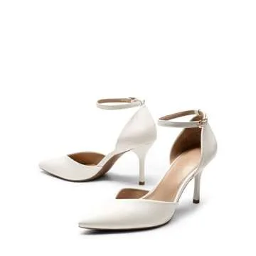 DREAM PAIRS Women’s High Heels Strappy Closed Toe Stiletto Ankle Strap Pointed Toe D'Orsay Heel Dress Wedding Party Pumps Shoes,Size 8,White/PU,SDPU2215W