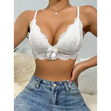 SweatyRocks Women's Wireless Bra Bow Front Floral Lace Bra Butterfly Shaped Seamless Bralette Underwear S White